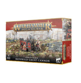 Box for a Cities of Sigmar Ironweld Great Cannon miniature, with red-and-gold trim and artwork of an ornate black and red cannon beside a crew member in a rocky field. The side panel shows more cannon views; text reads “WARHAMMER AGE OF SIGMAR” and “IRONWELD GREAT CANNON.”