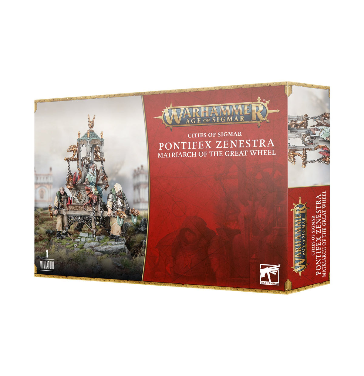 Boxed Pontifex Zenestra miniature set shown from the front and right side. The front has artwork of figures carrying an ornate palanquin and the text “WARHAMMER AGE OF SIGMAR” and “PONTIFEX ZENESTRA”; the side repeats the title vertically.