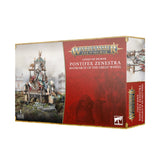 Boxed Pontifex Zenestra miniature set shown from the front and right side. The front has artwork of figures carrying an ornate palanquin and the text “WARHAMMER AGE OF SIGMAR” and “PONTIFEX ZENESTRA”; the side repeats the title vertically.