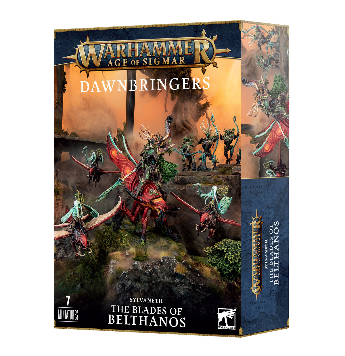 Box for the Sylvaneth: The Blades of Belthanos miniatures set, shown from the front and right side. The front features colorful fantasy artwork of armored, plant-like warriors and mounted creatures; readable text includes “WARHAMMER AGE OF SIGMAR,” “DAWNBRINGERS,” and “THE BLADES OF BELTHANOS.”