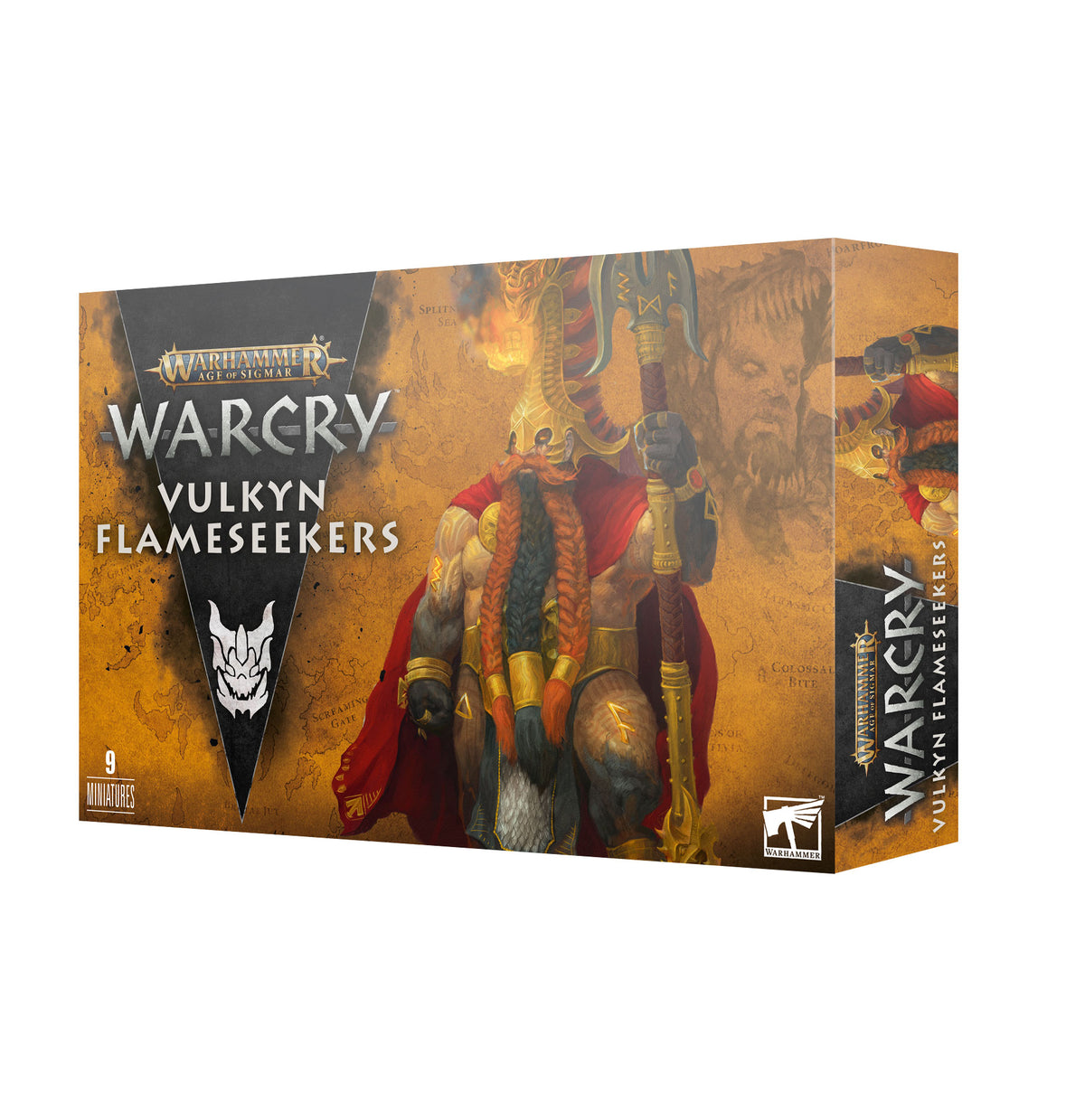 Warcry Vulkyn Flameseekers miniature set box shown from the front and right side, with orange fantasy artwork of armored, bearded warriors and a creature. The front reads “WARCRY” and “VULKYN FLAMESEEKERS” and shows 9 miniatures.