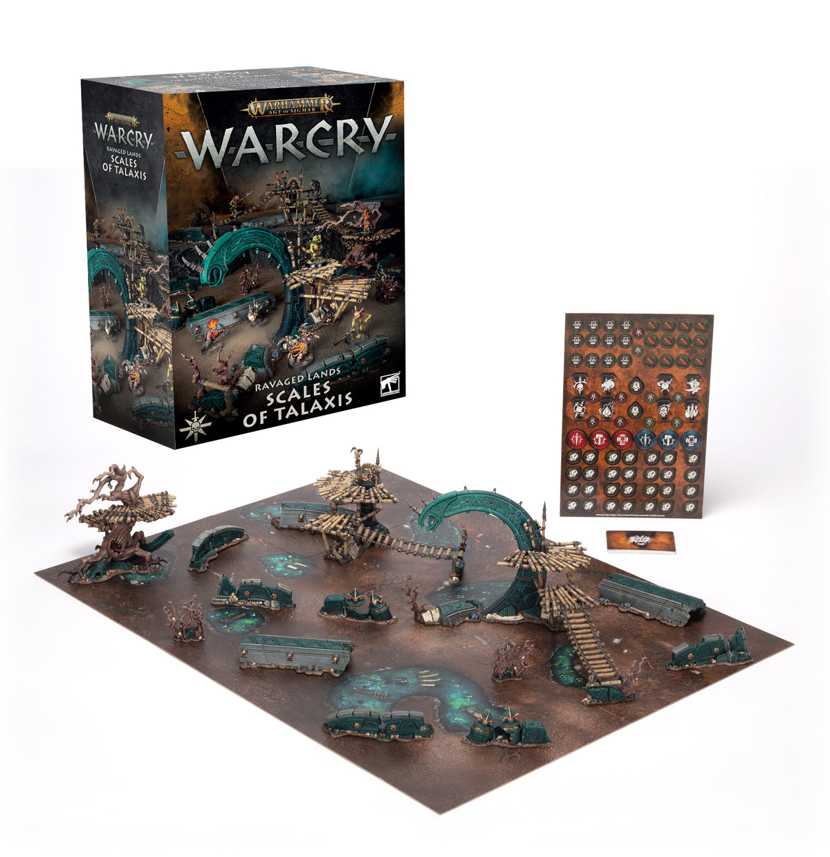 Warcry: Scales of Talaxis terrain set shown on a white background, with the illustrated game box behind a brown battlefield board covered in turquoise stone arches, platforms, ladders and ruins. A token sheet and small card sit beside it; the box reads “WARCRY” and “SCALES OF TALAXIS.”