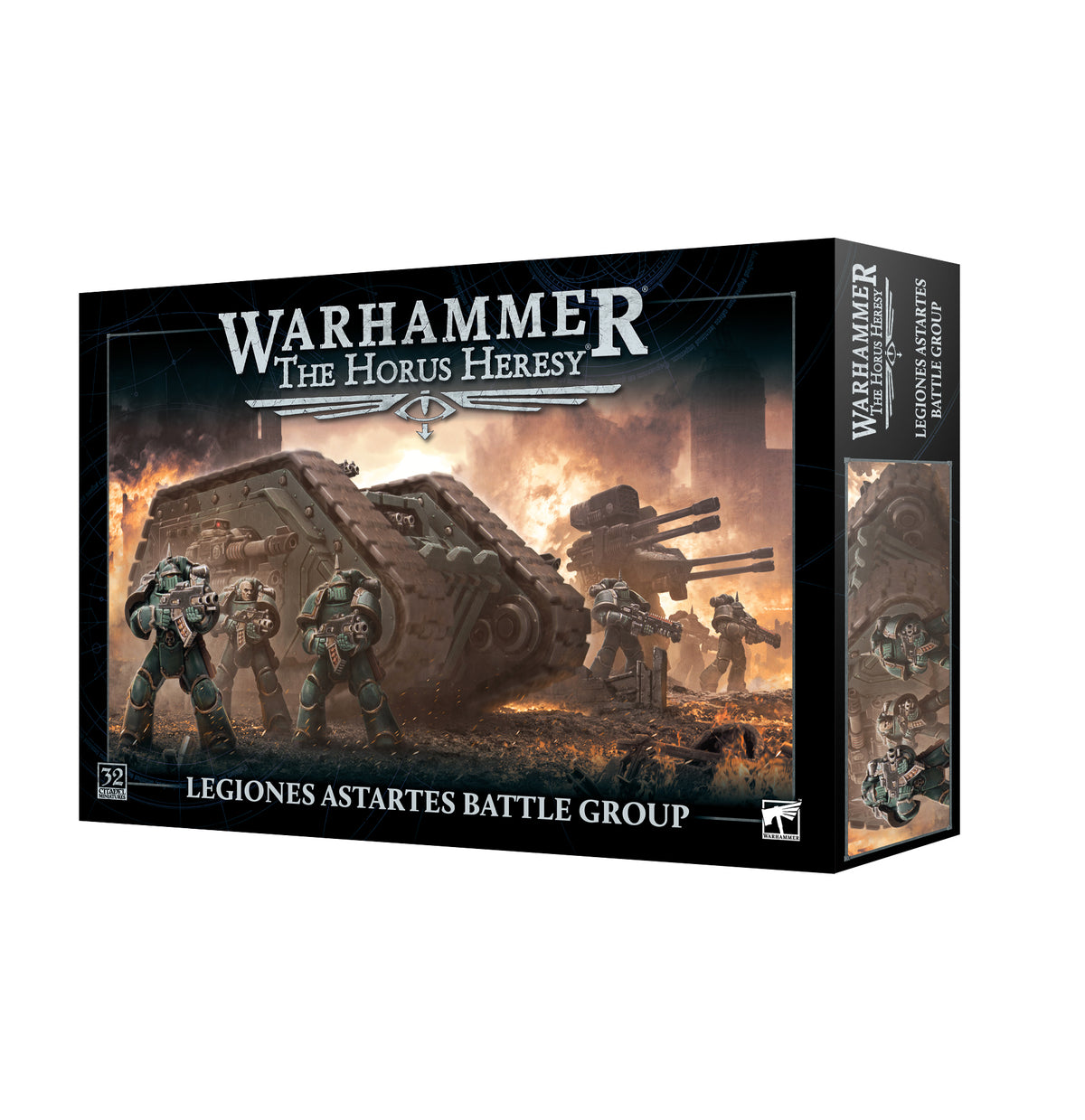 Black boxed miniature set shown from the front and right side, with illustrated armored warriors and large vehicles amid a fiery battle. The front reads “WARHAMMER,” “THE HORUS HERESY” and “LEGIONES ASTARTES BATTLE GROUP,” with a 32 badge.
