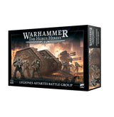 Black boxed miniature set shown from the front and right side, with illustrated armored warriors and large vehicles amid a fiery battle. The front reads “WARHAMMER,” “THE HORUS HERESY” and “LEGIONES ASTARTES BATTLE GROUP,” with a 32 badge.