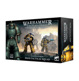 Box for a Warhammer Horus Heresy MKIII Tactical Squad, shown from the front and right side. The front artwork depicts green and yellow armored soldiers in a battlefield scene and reads “WARHAMMER,” “THE HORUS HERESY,” and “MKIII TACTICAL SQUAD.”