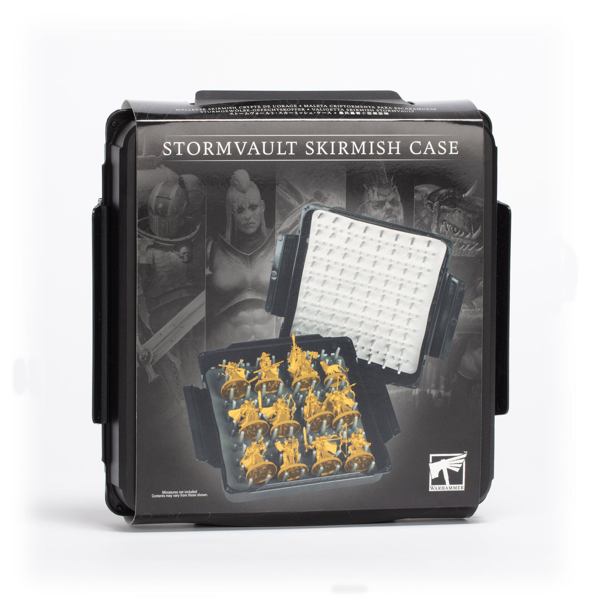 Black Stormvault Skirmish Case packaging shows an open case with a white bristled lid and gold miniatures inside, pictured against grayscale character artwork. The front reads “STORMVAULT SKIRMISH CASE” and displays the Warhammer logo.
