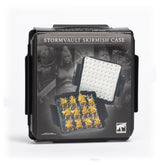 Black Stormvault Skirmish Case packaging shows an open case with a white bristled lid and gold miniatures inside, pictured against grayscale character artwork. The front reads “STORMVAULT SKIRMISH CASE” and displays the Warhammer logo.