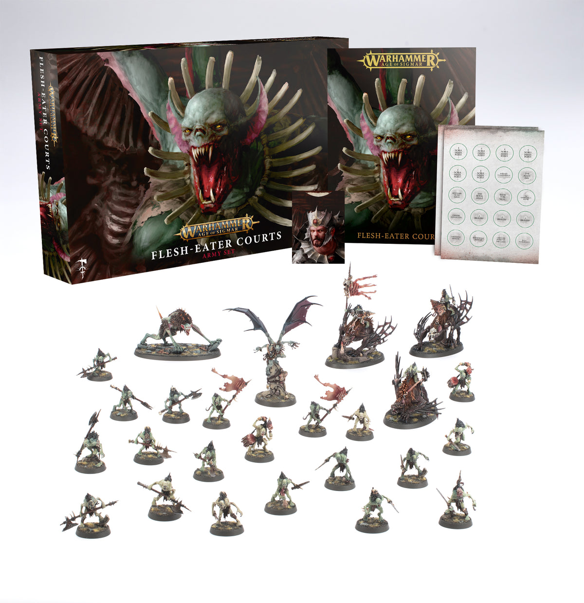 Flesh-Eater Courts Army Set displayed on white, with a dark illustrated box and matching book behind a sheet of circular cards and many fantasy miniatures on round bases. The box reads “WARHAMMER AGE OF SIGMAR” and “FLESH-EATER COURTS.”