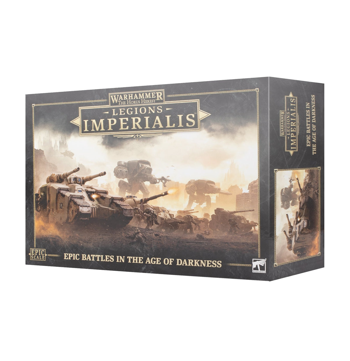 Box for Legions Imperialis: The Horus Heresy, shown from the front and right side. Dark gray packaging with gold borders features painted sci-fi tanks and soldiers in battle; front text reads “LEGIONS IMPERIALIS” and “EPIC BATTLES IN THE AGE OF DARKNESS.”