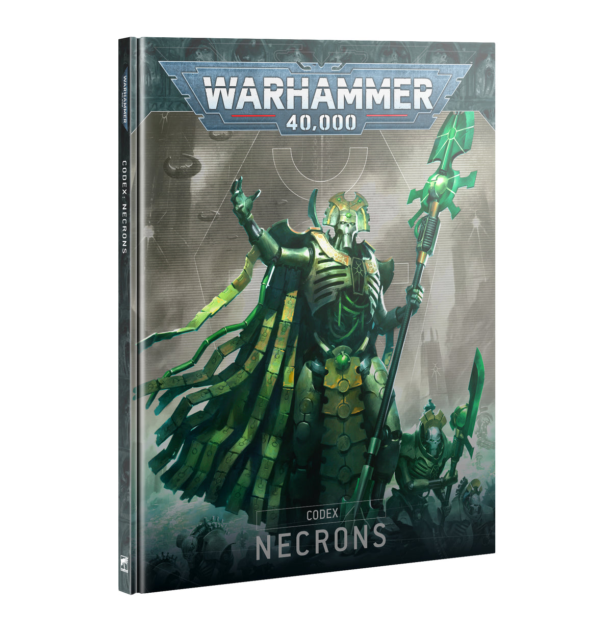Hardcover book shown upright at an angle, with a dark green front cover depicting a skeletal armored figure holding a tall staff above smaller warriors. The cover reads “WARHAMMER 40,000” and “CODEX NECRONS”; the spine also reads “CODEX: NECRONS.”