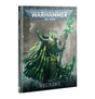 Hardcover book shown upright at an angle, with a dark green front cover depicting a skeletal armored figure holding a tall staff above smaller warriors. The cover reads “WARHAMMER 40,000” and “CODEX NECRONS”; the spine also reads “CODEX: NECRONS.”