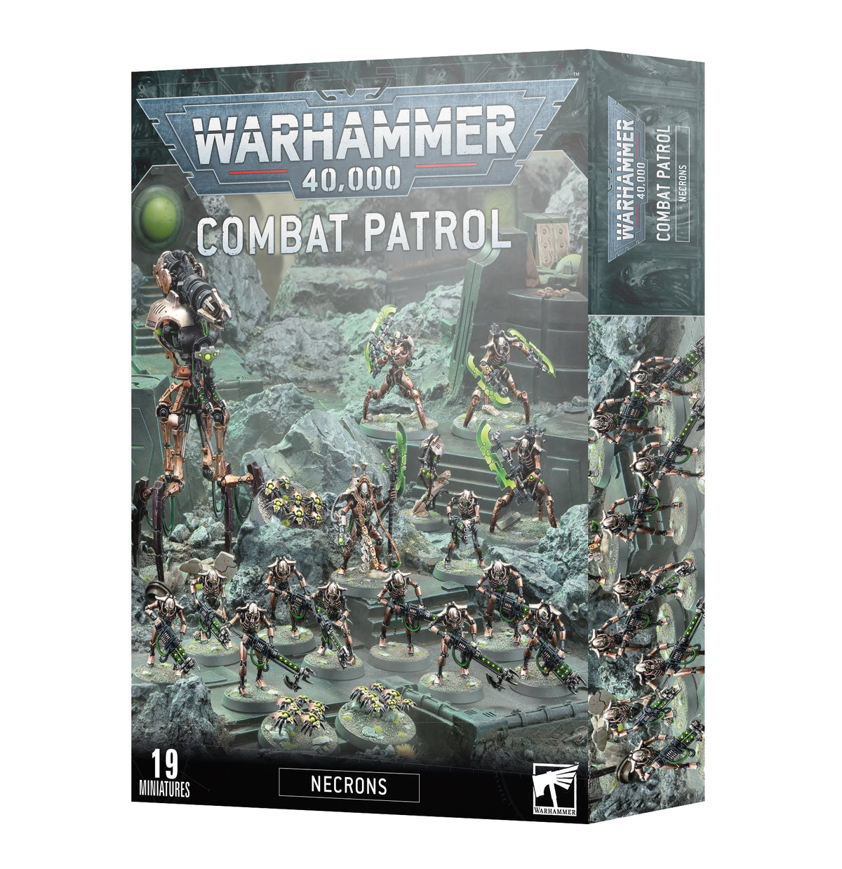 Combat Patrol: Necrons game box shown from the front and right side, with artwork of metallic skeletal warriors featuring green accents among rocky ruins. The front reads “WARHAMMER 40,000,” “COMBAT PATROL,” “19 MINIATURES” and “NECRONS.”