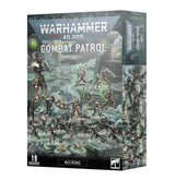 Combat Patrol: Necrons game box shown from the front and right side, with artwork of metallic skeletal warriors featuring green accents among rocky ruins. The front reads “WARHAMMER 40,000,” “COMBAT PATROL,” “19 MINIATURES” and “NECRONS.”