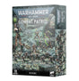 Combat Patrol: Necrons game box shown from the front and right side, with artwork of metallic skeletal warriors featuring green accents among rocky ruins. The front reads “WARHAMMER 40,000,” “COMBAT PATROL,” “19 MINIATURES” and “NECRONS.”
