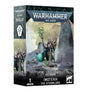 Box for a Necrons miniature, shown from the front and left side. The artwork features a silver skeletal warrior with bright green accents, a staff and teal cape on a rocky battlefield; the box reads “WARHAMMER 40,000,” “NECRONS” and “IMOTEKH THE STORMLORD.”