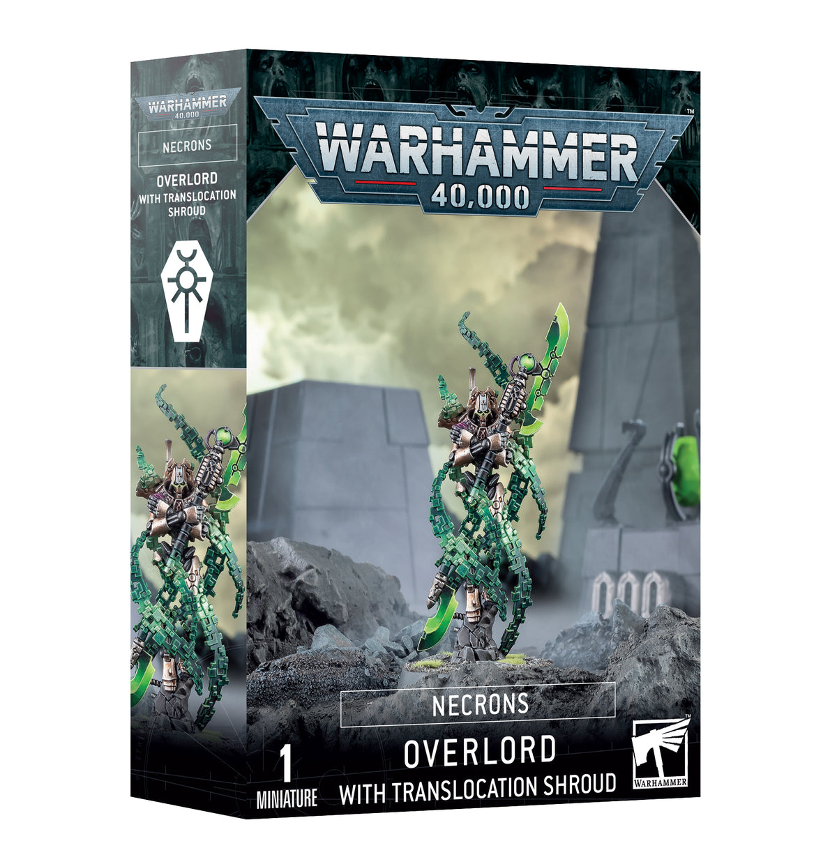 Warhammer 40,000 Necrons Overlord miniature box, shown from the front and left side. The artwork features a silver-and-green armored figure with flowing green geometric effects; the box reads “WARHAMMER 40,000,” “NECRONS,” and “OVERLORD WITH TRANSLOCATION SHROUD.”