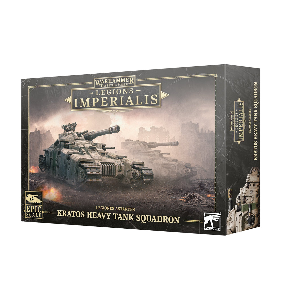 Legions Imperialis Kratos Heavy Tank Squadron box, shown at an angle with the front and right side visible. Dark gray packaging depicts armored tanks in a dusty battlefield scene and reads “LEGIONS IMPERIALIS” and “KRATOS HEAVY TANK SQUADRON,” with an “x4 EPIC SCALE” badge.