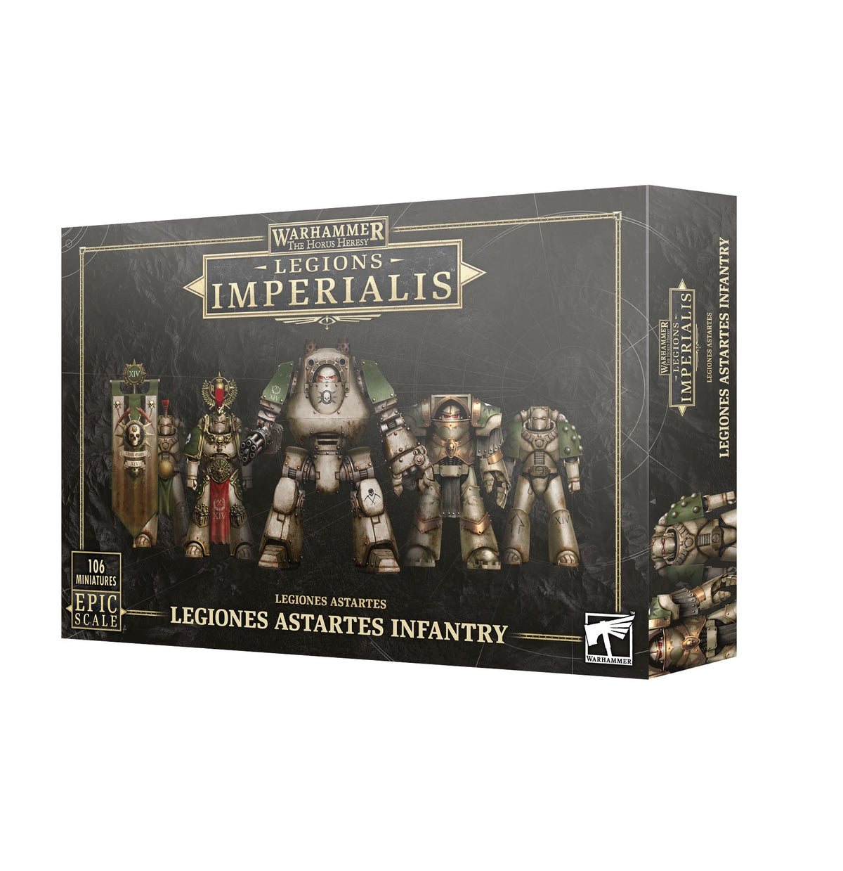 Angled view of a dark gray miniature-game box with gold borders, showing armored sci-fi soldiers and a large walking mech on the front, plus miniature artwork on the side. The box reads “Legions Imperialis” and “Legiones Astartes Infantry.”