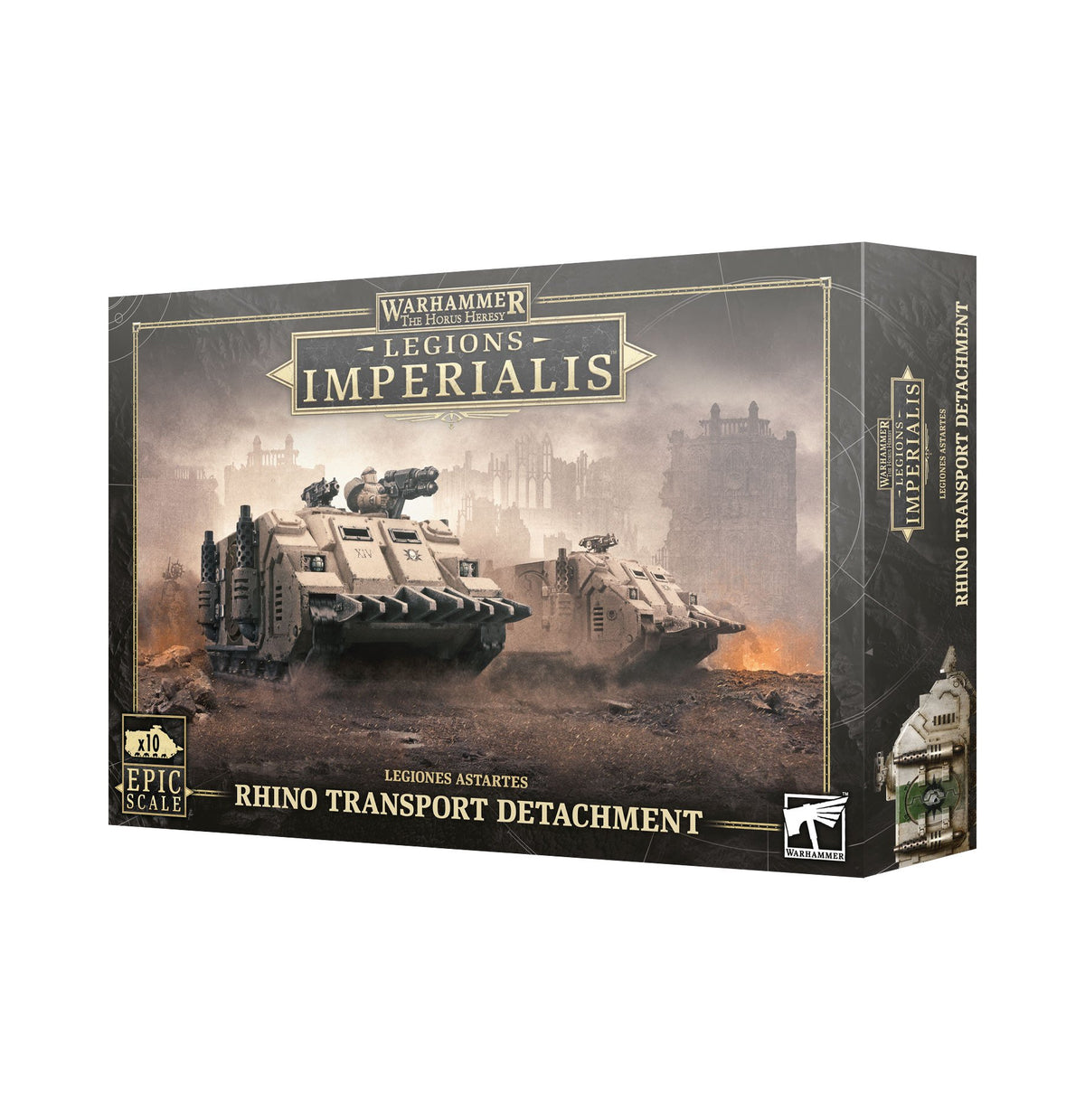 A boxed Legions Imperialis Rhino Transport Detachment, shown at an angle with the front and right side visible. Sepia-toned artwork shows armored transports in a smoky battlefield; the box reads “WARHAMMER THE HORUS HERESY,” “LEGIONS IMPERIALIS,” and “RHINO TRANSPORT DETACHMENT,” with an “x10 EPIC SCALE” badge.