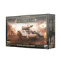 Dark game box shown from the front and right side, with artwork of two large gray tanks against a smoky, fiery battlefield. The front reads “WARHAMMER THE HORUS HERESY,” “LEGIONS IMPERIALIS,” “SOLAR AUXILIA” and “BANEBLADE SQUADRON,” with an “EPIC SCALE” badge.