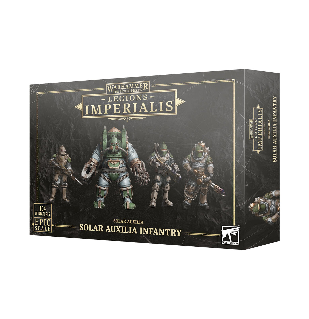 A dark gray game box with gold borders shows four armored Solar Auxilia infantry figures on the front and a partial figure on the side. The front reads “LEGIONS IMPERIALIS” and “SOLAR AUXILIA INFANTRY,” with a “104 MINIATURES” badge.