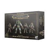 A dark gray game box with gold borders shows four armored Solar Auxilia infantry figures on the front and a partial figure on the side. The front reads “LEGIONS IMPERIALIS” and “SOLAR AUXILIA INFANTRY,” with a “104 MINIATURES” badge.