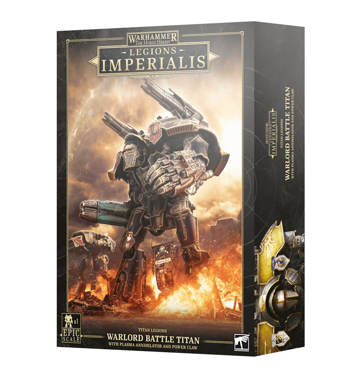 Box for a Warlord Battle Titan miniature, shown from the front and right side. The front depicts a dark, heavily armored titan with large weapons amid flames; the side has a close-up of gold-and-black armor. Text reads “LEGIONS IMPERIALIS” and “WARLORD BATTLE TITAN.”