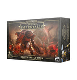 Box for a Legions Imperialis Reaver Battle Titan, shown from the front and right side. The dark packaging features a red-and-metallic Titan amid fiery battlefield artwork and the text “LEGIONS IMPERIALIS” and “REAVER BATTLE TITAN.”