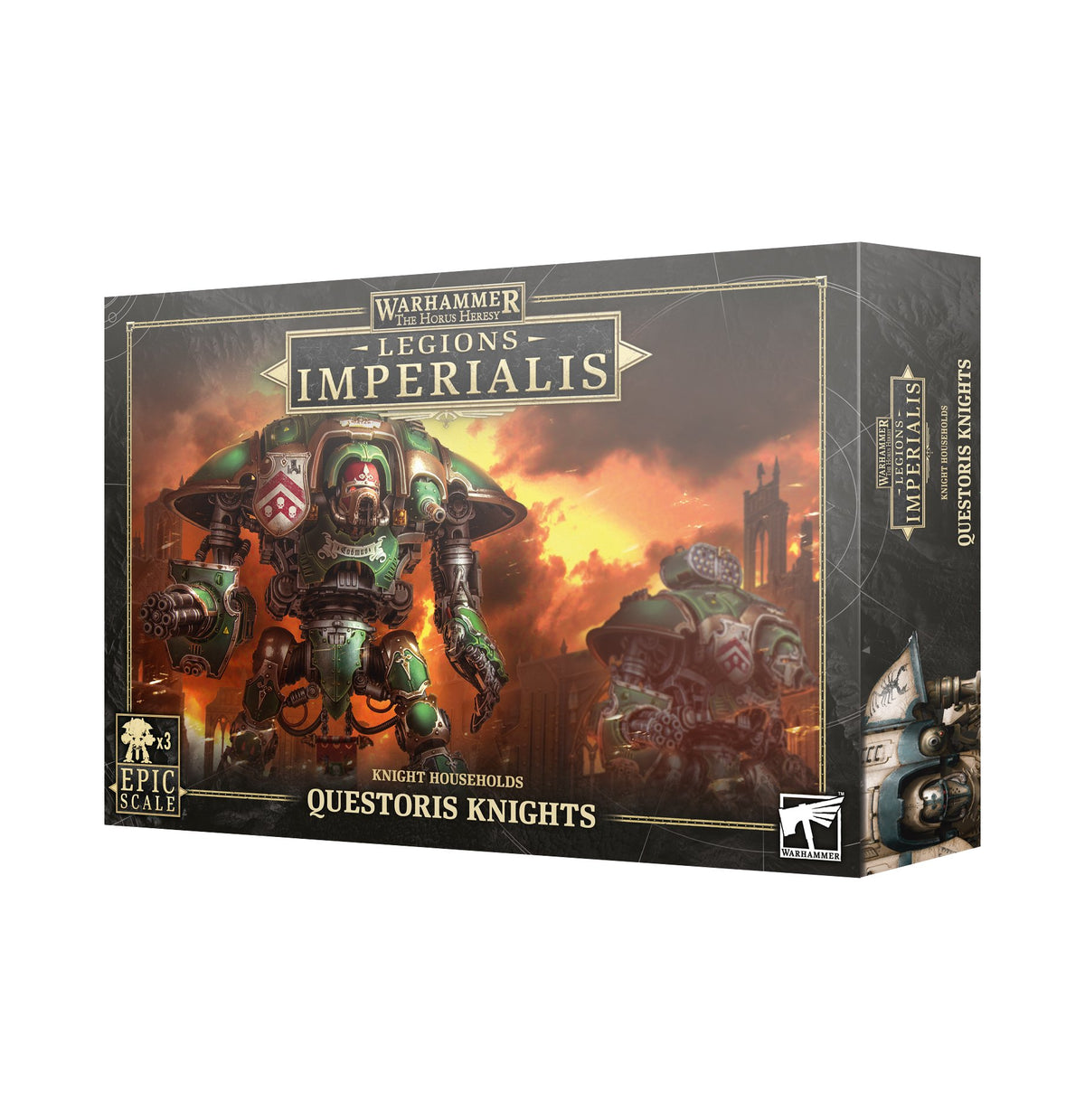 Legions Imperialis Questoris Knights game box shown from the front and right side. The front depicts a large green, red and metallic armored knight with another behind it against a fiery battlefield, with the text “LEGIONS IMPERIALIS” and “QUESTORIS KNIGHTS.”