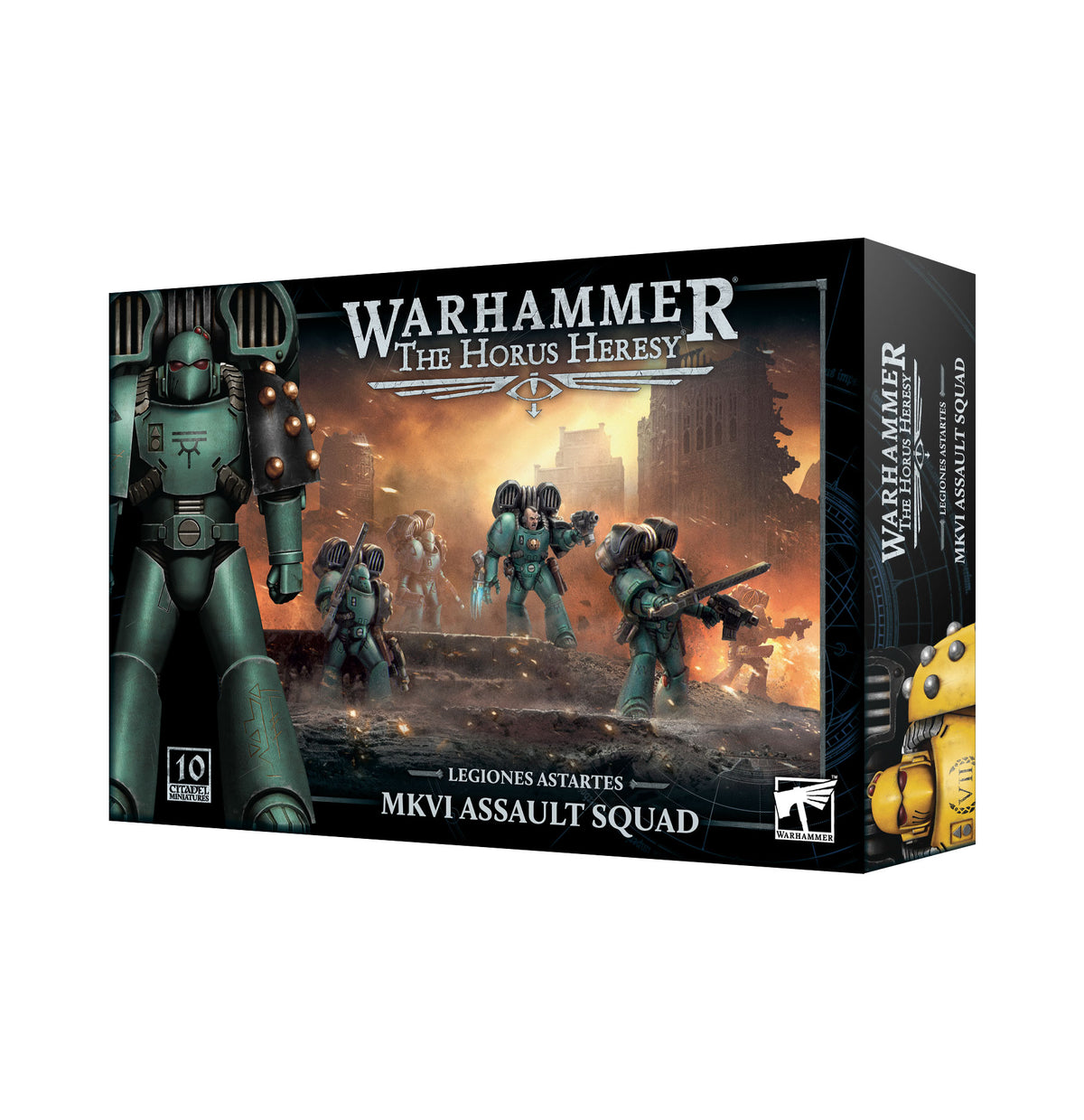 Box for the Warhammer: The Horus Heresy MkVI Assault Squad miniature set, with teal-armored soldiers advancing through a smoky, fiery battlefield. The black side panel shows vertical lettering and part of a yellow-armored figure; the front reads “WARHAMMER” and “MKVI ASSAULT SQUAD.”