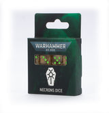 Dark green Warhammer 40,000 Necrons Dice box with a window showing brown-orange dice marked with bright green dots. The front has a white Necron symbol and the text “WARHAMMER 40,000” and “NECRONS DICE.”