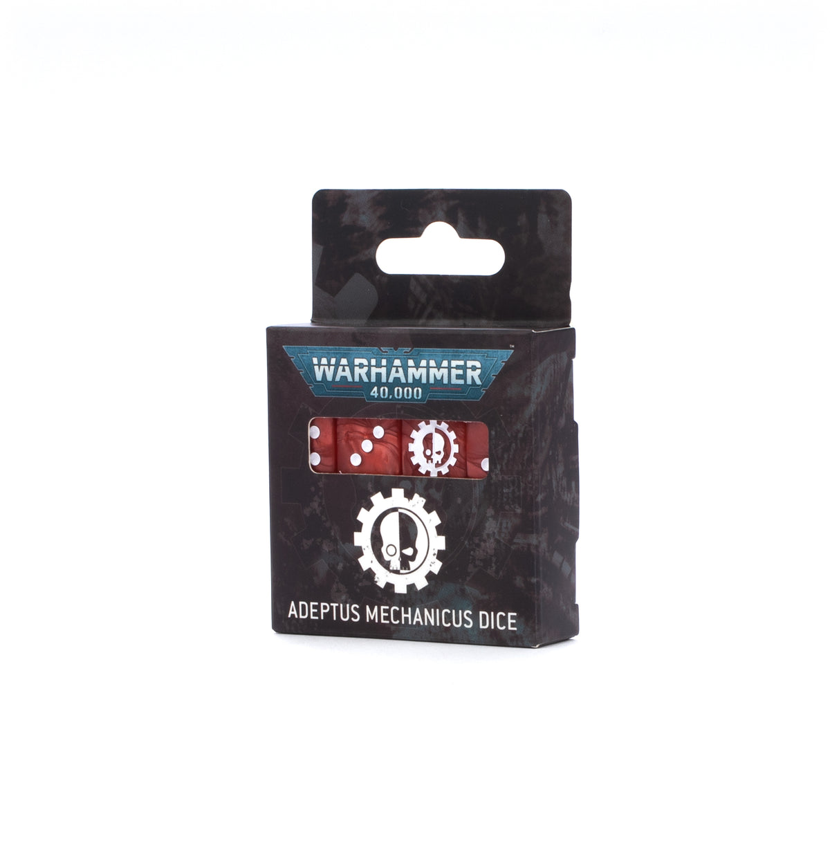A black marbled box of Adeptus Mechanicus dice stands against a white background, with red dice and white markings visible through a front window. White gear emblems decorate the box beneath the text “WARHAMMER 40,000” and “ADEPTUS MECHANICUS DICE.”