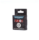 A black marbled box of Adeptus Mechanicus dice stands against a white background, with red dice and white markings visible through a front window. White gear emblems decorate the box beneath the text “WARHAMMER 40,000” and “ADEPTUS MECHANICUS DICE.”