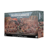 Angled view of a Warhammer 40,000 army box, showing the front and right side. The front artwork depicts red-and-black armored warriors and a large winged figure in a battle scene; text reads “WARHAMMER 40,000” and “WORLD EATERS EXALTED OF THE RED ANGEL.”