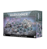 Warhammer 40,000 Leagues of Votann army box shown from the front and right side, with teal-armored sci-fi warriors and large tracked vehicles pictured on a rocky battlefield. The box reads “WARHAMMER 40,000” and “DEFENDERS OF THE ANCESTORS.”