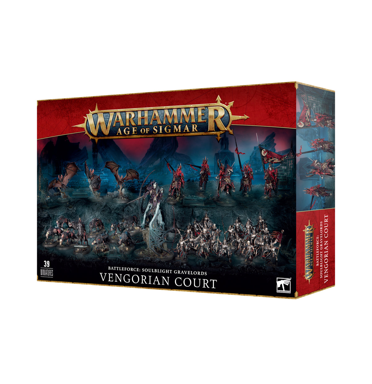 Red-and-black Warhammer Age of Sigmar Vengorian Court army box shown from the front and right side, with dark fantasy artwork of miniature undead warriors, bats and mounted figures. The front reads “WARHAMMER AGE OF SIGMAR” and “VENGORIAN COURT.”