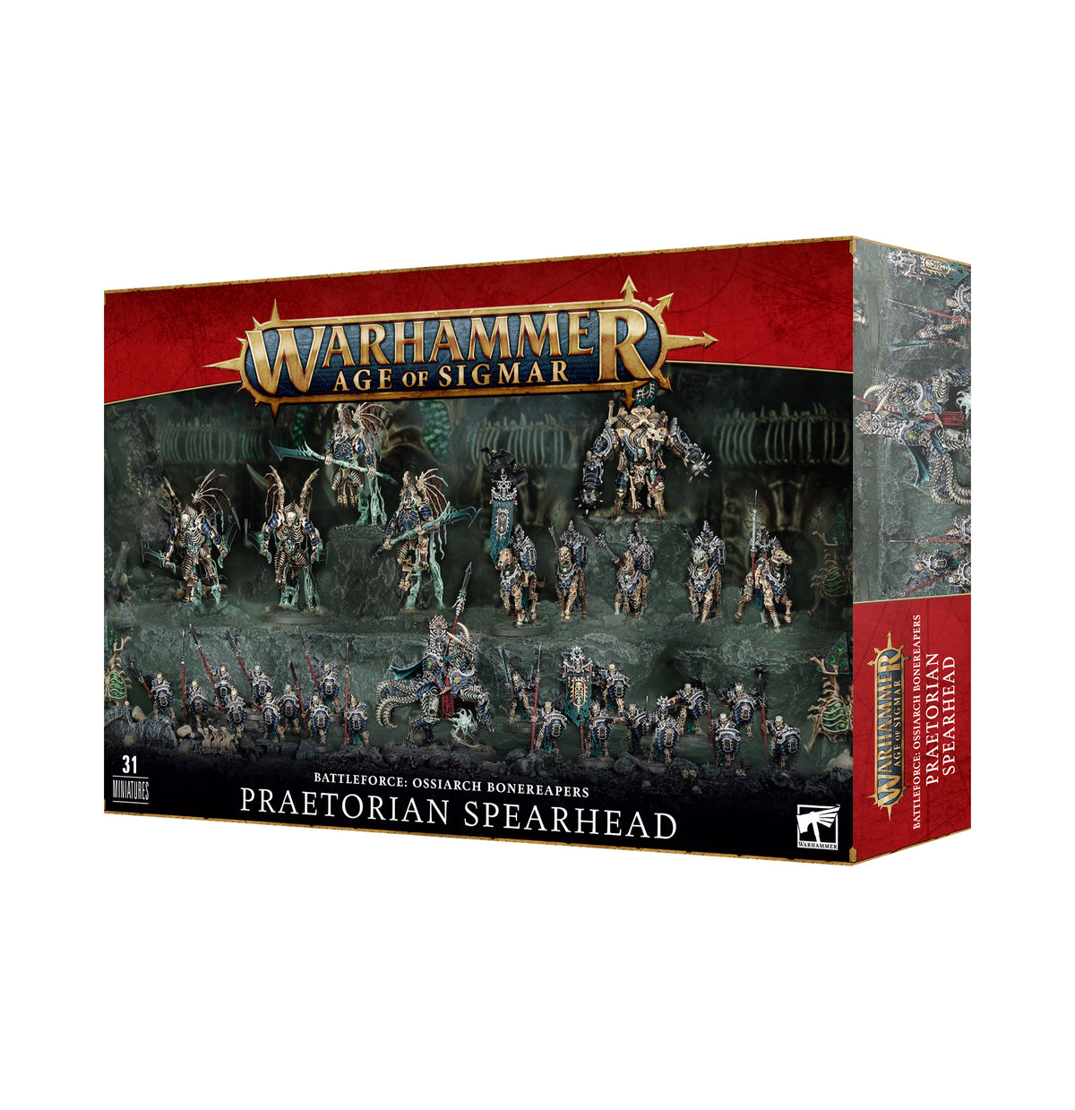 A rectangular Warhammer Age of Sigmar miniatures box shown from the front and right side, with red-and-black packaging and artwork of armored skeletal warriors. The front reads “WARHAMMER AGE OF SIGMAR” and “PRAETORIAN SPEARHEAD.”