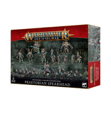 A rectangular Warhammer Age of Sigmar miniatures box shown from the front and right side, with red-and-black packaging and artwork of armored skeletal warriors. The front reads “WARHAMMER AGE OF SIGMAR” and “PRAETORIAN SPEARHEAD.”