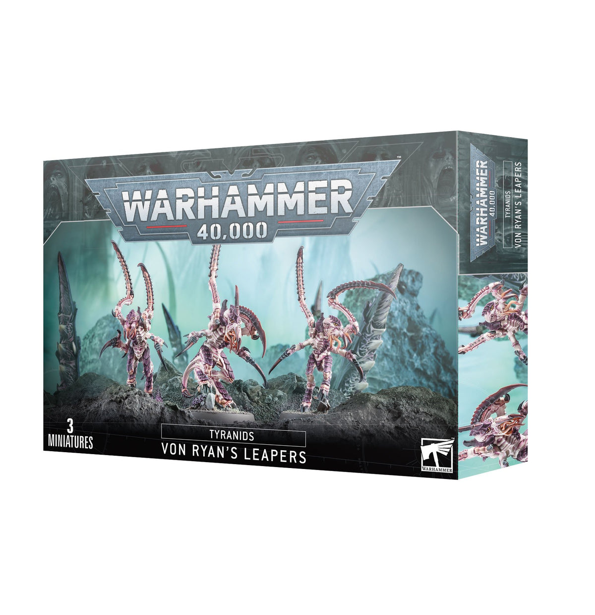 Warhammer 40,000 miniatures box shown from the front and right side, illustrated with three pink-and-bone-colored Tyranid creatures with long claws and tails against a teal rocky scene. The box reads “WARHAMMER 40,000” and “VON RYAN’S LEAPERS.”