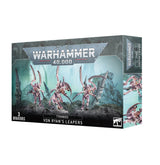 Warhammer 40,000 miniatures box shown from the front and right side, illustrated with three pink-and-bone-colored Tyranid creatures with long claws and tails against a teal rocky scene. The box reads “WARHAMMER 40,000” and “VON RYAN’S LEAPERS.”