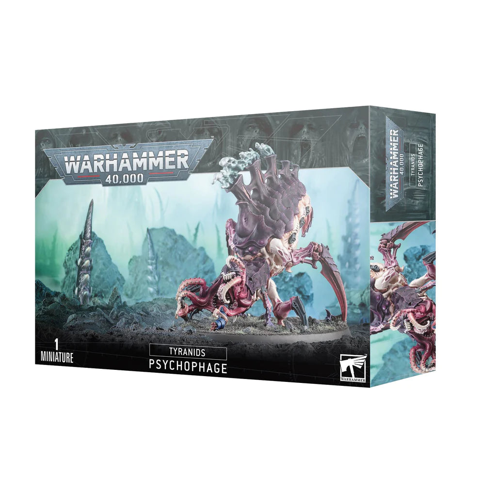 Warhammer tabletop miniature box shown from the front and right side, featuring a pink and purple, tentacled Tyranid creature against a rocky blue-green landscape. The front reads “WARHAMMER 40,000,” “TYRANIDS,” and “PSYCHOPHAGE.”
