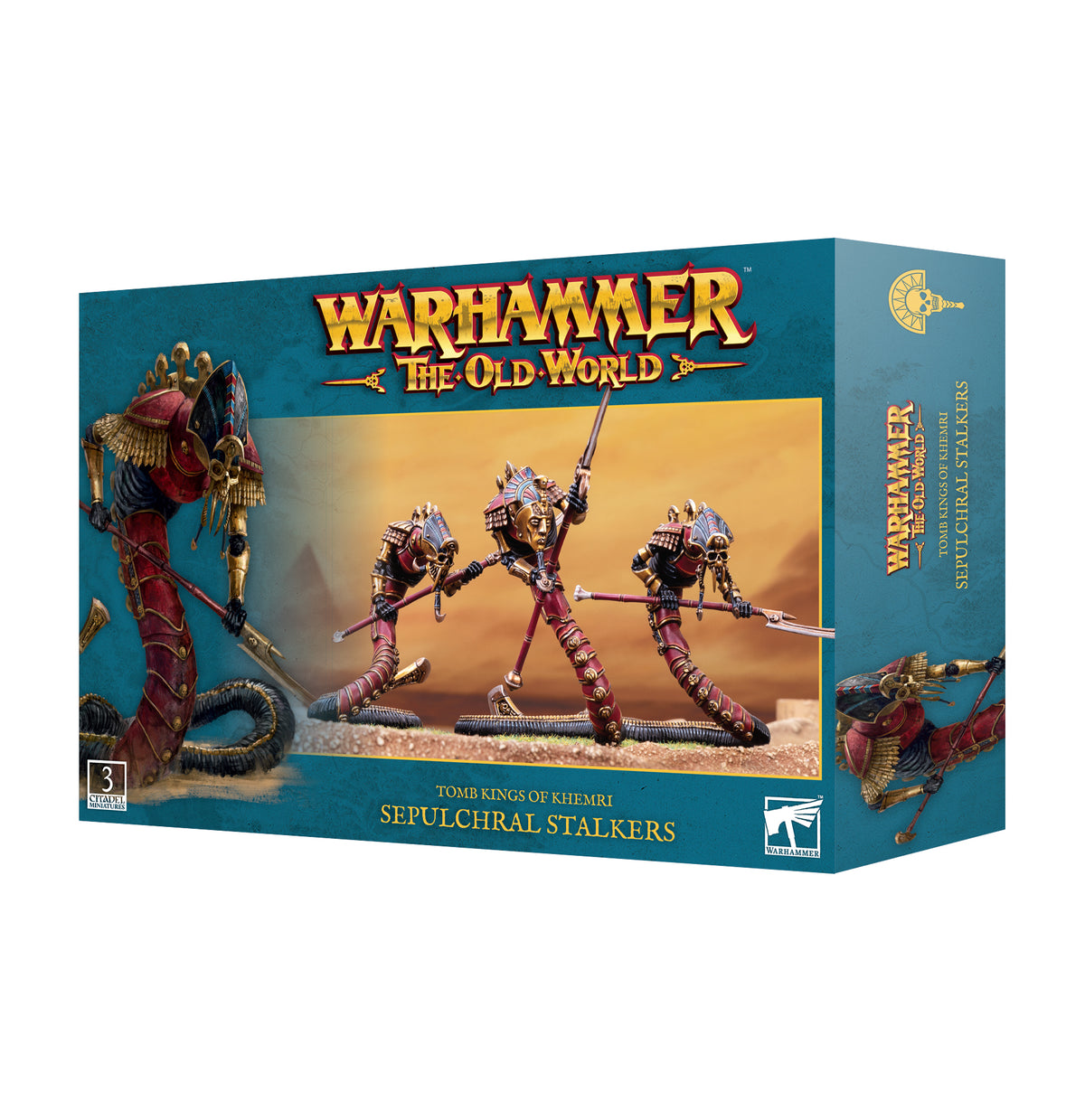 Teal Games Workshop box shown from the front and right side, illustrated with three red-and-gold armored skeletal warriors with coiling serpent bodies. The front reads “WARHAMMER THE OLD WORLD” and “TOMB KINGS OF KHEMRI SEPULCHRAL STALKERS.”