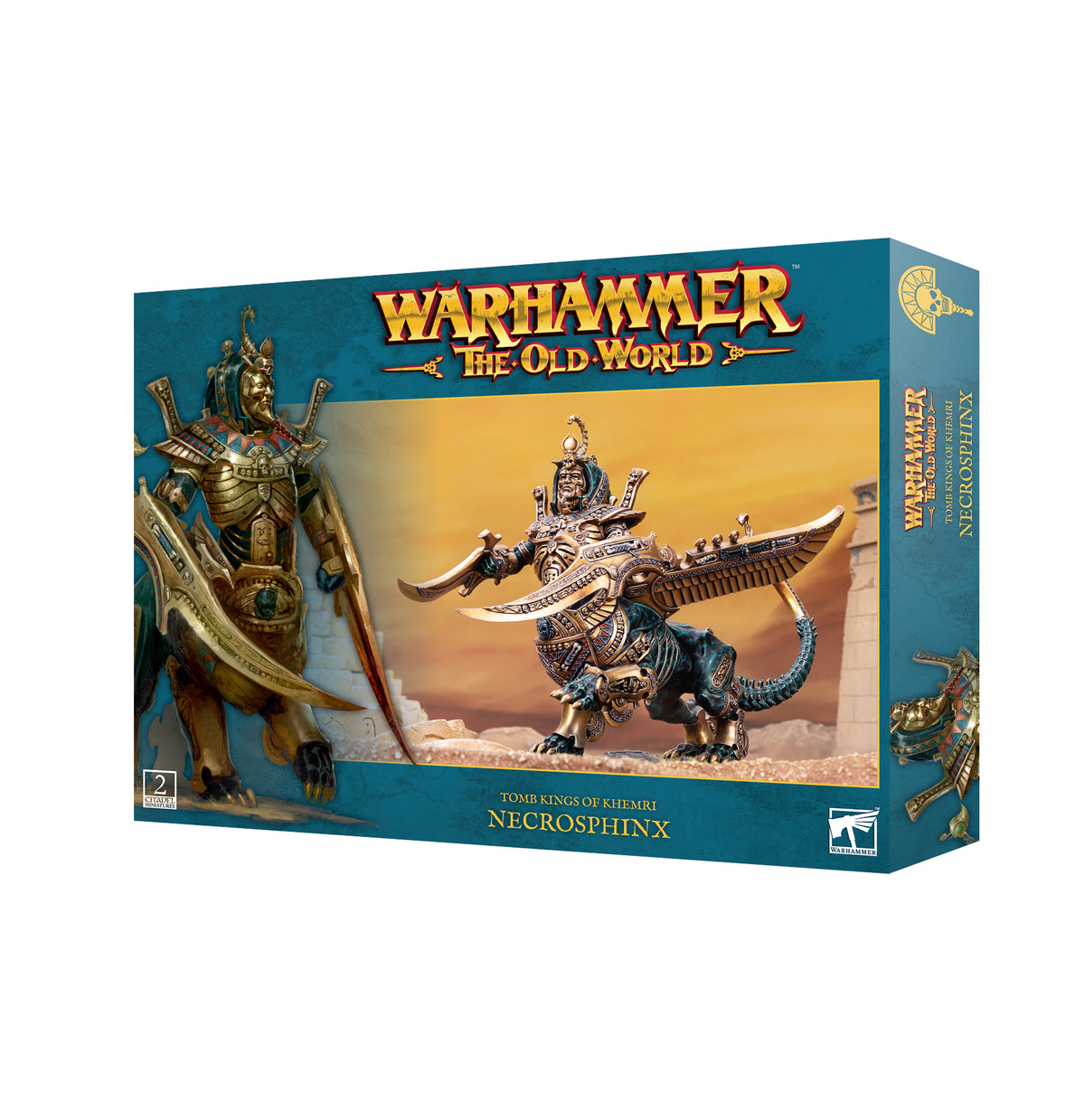 Teal-blue Warhammer miniatures kit box shown from the front and right side, featuring an ornate winged sphinx creature in bronze and dark blue on a desert scene and a larger figure illustration at left. The box reads “WARHAMMER THE OLD WORLD” and “TOMB KINGS OF KHEMRI NECROSPHINX.”