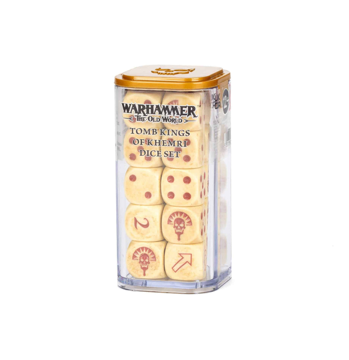 A clear rectangular case with an amber-colored lid holds bone-colored dice marked with dark red pips and symbols, including a skull emblem and directional arrows. The label reads “WARHAMMER THE OLD WORLD TOMB KINGS OF KHEMRI DICE SET.”