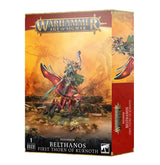 Box for a Sylvaneth Belthanos miniature, shown from the front and right side. The front depicts an armored, antlered figure riding a red, leaf-covered creature across a golden landscape; text reads “WARHAMMER AGE OF SIGMAR” and “BELTHANOS FIRST THORN OF KURNOTH.”