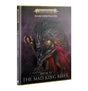 A dark purple hardcover book shown from the front and spine, with a snarling, armored figure in a flowing red cloak holding a skull-topped staff. Cover text reads “WARHAMMER AGE OF SIGMAR,” “DAWNBRINGERS,” “BOOK IV” and “THE MAD KING RISES”; the spine also reads “THE MAD KING RISES.”