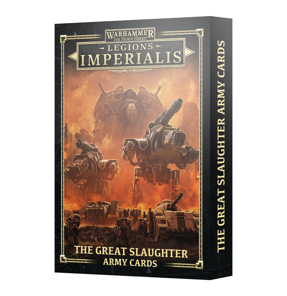Black boxed card set with gold trim, shown at an angle to reveal the front and right spine. Orange battlefield artwork depicts large armored war machines and soldiers; the front reads “LEGIONS IMPERIALIS” and “THE GREAT SLAUGHTER ARMY CARDS,” with the title repeated on the spine.