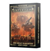 Black boxed card set with gold trim, shown at an angle to reveal the front and right spine. Orange battlefield artwork depicts large armored war machines and soldiers; the front reads “LEGIONS IMPERIALIS” and “THE GREAT SLAUGHTER ARMY CARDS,” with the title repeated on the spine.