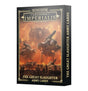 Black boxed card set with gold trim, shown at an angle to reveal the front and right spine. Orange battlefield artwork depicts large armored war machines and soldiers; the front reads “LEGIONS IMPERIALIS” and “THE GREAT SLAUGHTER ARMY CARDS,” with the title repeated on the spine.