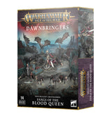 Front and right side of a Warhammer Age of Sigmar miniatures box, with artwork of a pale, red-accented figure surrounded by dark wolves and bat-winged creatures in a ruined city. The front reads “DAWNBRINGERS” and “SOULBLIGHT GRAVELORDS FANGS OF THE BLOOD QUEEN”; a vertical title appears on the purple side panel.